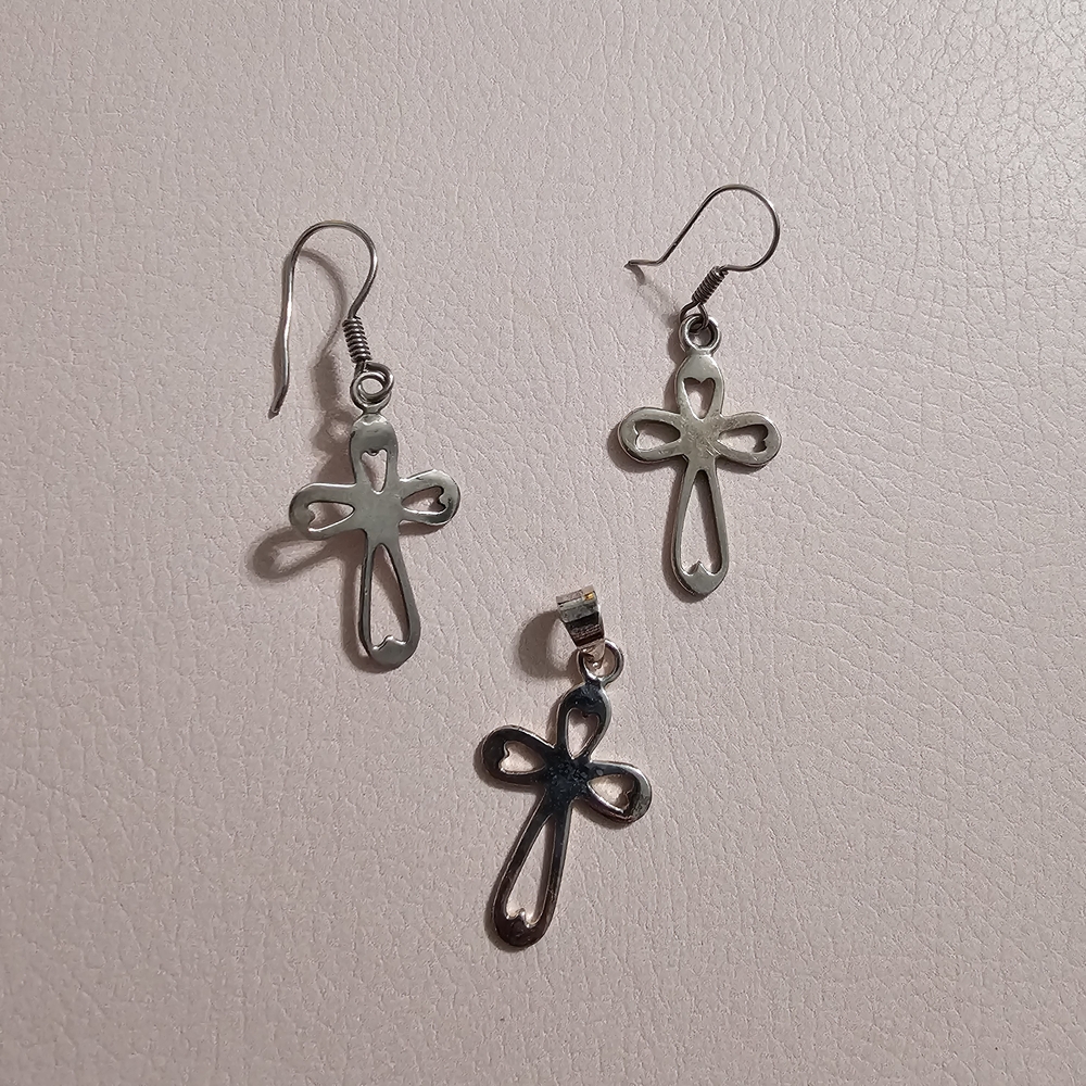 Silver Cross Earrings and Pendant Set